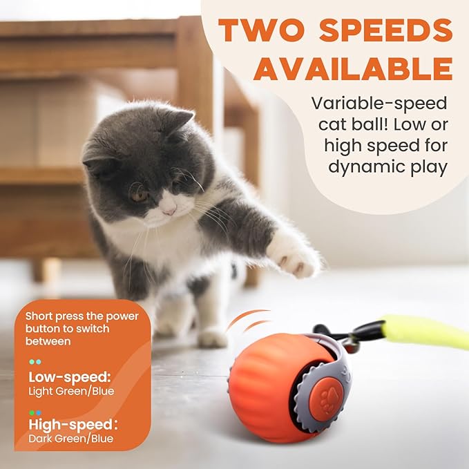 Interactive Cat Toy for Indoor Cats, Two Speed Smart Automatic Cat Toy Moving Ball with Tail, 2 Pack Rechargeable Motion Activated Cat Toys for Bored Indoor Adult Cats(Orange & Blue)