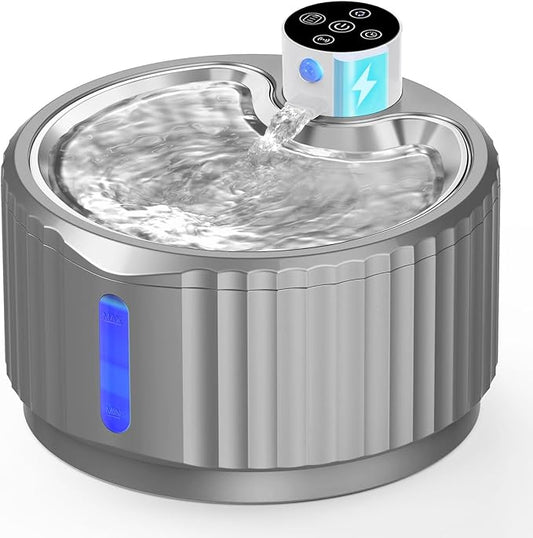Wireless Cat Water Fountain, 95 oz/2.8 L Battery Operated Pet Water Fountain for Cats Inside, Automatic Dog Water Fountain with Stainless Steel Tray, Motion Sensor, Quiet Pump (Grey)