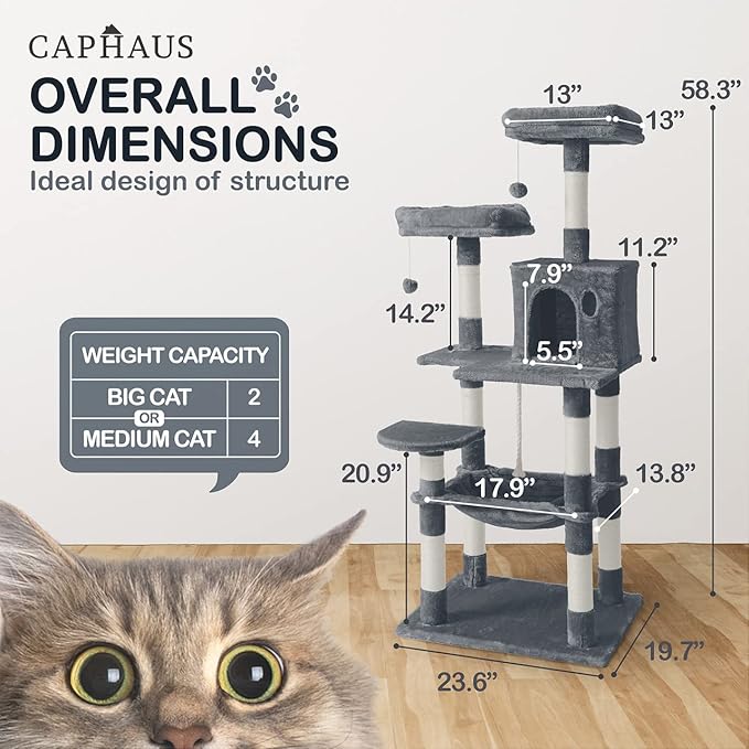 CAPHAUS Extra Wide, Tall Cat Activity Tree w/Two Top Perch, Scratching Posts, Multi-Level Play Tower for Cute Indoor Cats, 58-Inch Modern Cat Tree w/Cat Cave Condo, for Large Cats Kittens