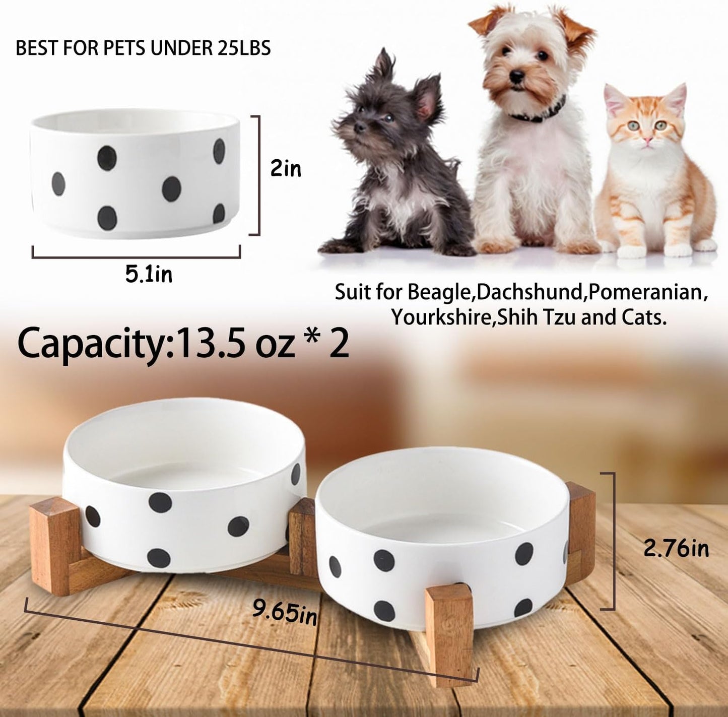 Petygooing Ceramic Dog Bowl Set with Stand,Cat Pet Food and Water Dishes,Small Dog Bowls Anti -Slip Set of 2 Cat Bowls Pet Food Dish Small Size Pet (13.5OZ/5.1 in) Black Dot