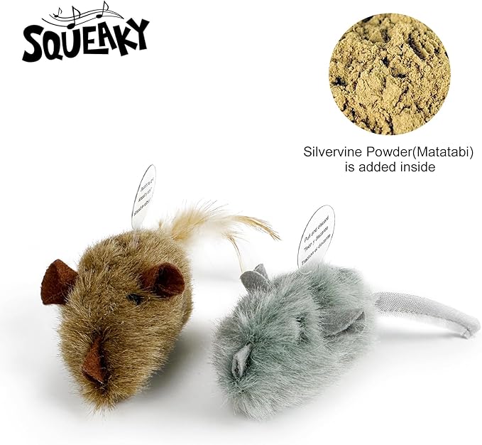 TTcat 2Pcs Catnip Matatabi Silvervine Mice for Cats and Kittens,Interactive Cat Mice Toy,Melody Chaser Cat Play Squeaking Mice.