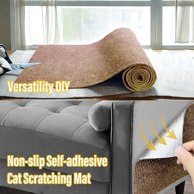 Cat Scratch Couch Furniture Protector, Adhesive Cat Scratch Pad Deterrent for Furniture, DIY Climbing Scratcher for Indoor Cats (Khaki, 39.3x15.8 in)