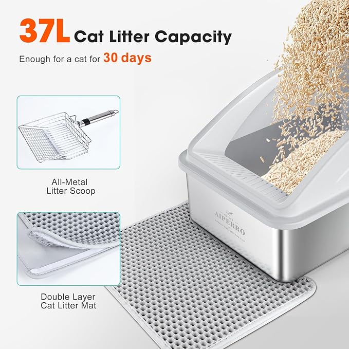 Stainless Steel Litter Box | XL Enclosed Cat Litter Boxs with Lid for Big Cats | High Sided, Anti-Urine Leakage | Non-Stick Bottom & Includes Litter Mat & Metal Scoop
