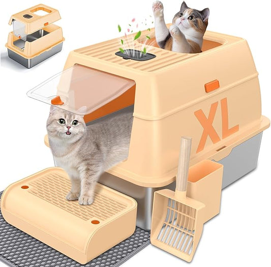 Stainless Steel Litter Box with Lid, Cat Litter Box Enclosure XL Odor-Proof with Litter Mat, Covered Litter Box Rust-Resistant Durable for Big Cat, Easy Clean 37L Capacity (Beige)