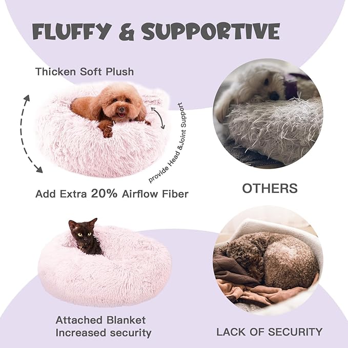 Himax Dog Beds for Large Dogs, Comfort Dog Bed with Blanket Attached, Calming Anti-Anxiety Fluffy Dogs Beds Washable (20"/26"/35") Pink