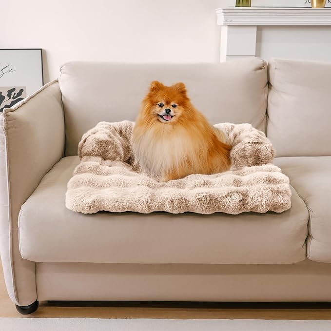 FUNNY FUZZY Pet Fluffy Fuzzy Couch Cover, Calming Washable Dog Bed Sofa Protector Pets Mat for Small Dogs and Cats (Coffee,27.56 × 24.02 × 5.51 in)