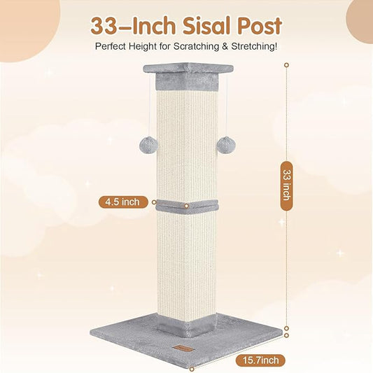 Cat Scratching Post 33 inch for Indoor Cats, High Cat Scratch Post Grey, Cat Tree for Full-Body Stretching, Protect Your Furniture