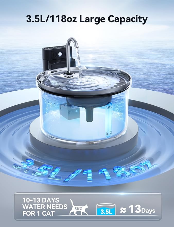 Wireless Cat Water Fountain Stainless Steel [Water & Battery Separation] FEELNEEDY Smart Pet Water Fountain, 4000mAh Battery Operated Water Fountain for Cats Dogs 3.5L/118oz + 6 Filters