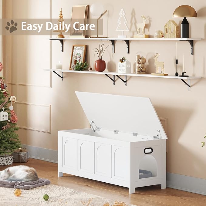 DINZI LVJ Cat Litter Box Enclosure, Flip Top Litter Box Furniture, Hidden Cat Washroom, 2-Entrances Wooden Pet House, 47.2" L x 18.7" W x 19.7" H, End Side Table, TV Stand, Easy to Assemble, White