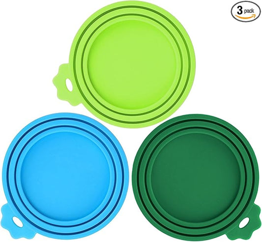 3 Pack Pet Food Can Covers, Silicone Universal Can Lids for Dog & Cat Food, BPA Free, One Fit Most Standard Size Can Lids Top Blue/Green/Dark Green