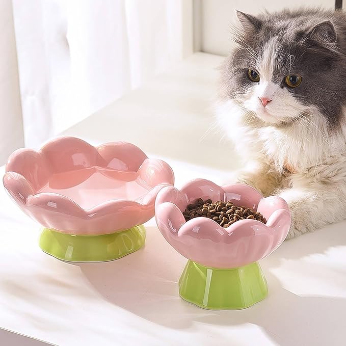 Ceramic Raised Cat Bowl, Shallow Wide, Anti-Vomiting and Whisker Fatigue, Non-Slip, Tilted Cute Flower Cat Food and Water Bowls for Indoor Cats or Small Dogs, Pink