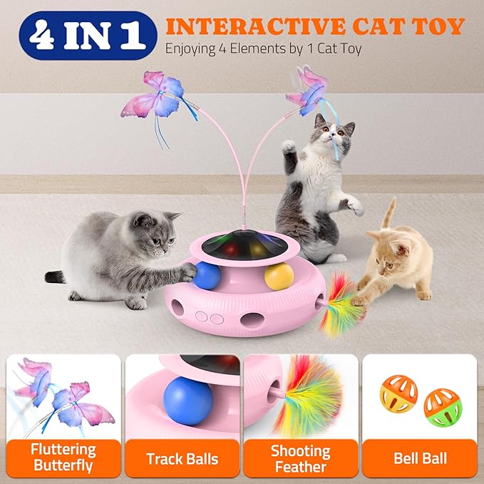 Interactive Cat Toy: 4 in 1 Automatic Cat Toy for Indoor Cats, Electric Kitten Toy with Rechargeable Battery, Self Play Kitty Toys with Fluttering Butterfly, Track Ball and Feather Pack, Pink