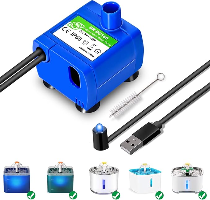 Cat Water Fountain Pump, Cat Fountain Pump Compatible Motor,DR-DC160 Pumps for Pet Water Fountain Cat Water Dispenser Replacement (With LED & Brush)