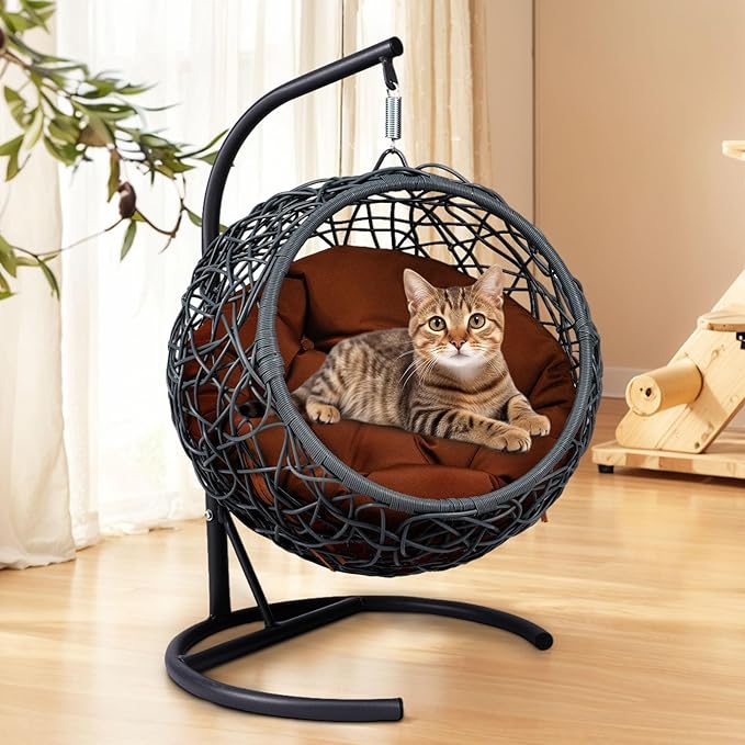 Cat Swing Bed with Stand & Cushion - Rattan Wicker Design, Indoor/Outdoor Hanging Hammock for Cats and Small Pets, Brown