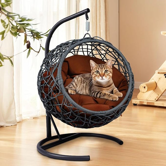 Cat Swing Bed with Stand & Cushion - Rattan Wicker Design, Indoor/Outdoor Hanging Hammock for Cats and Small Pets, Brown