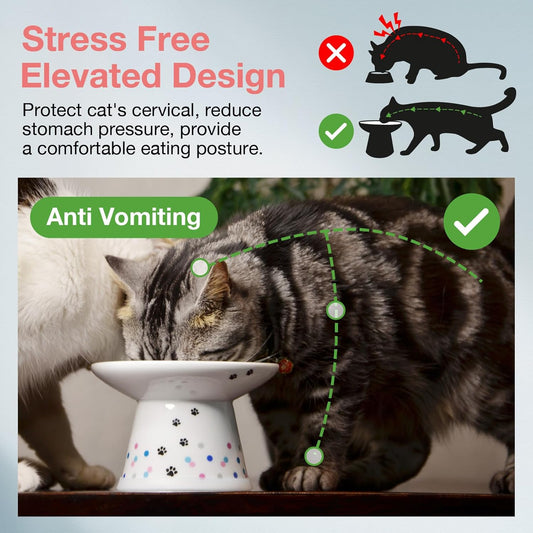 Necoichi Raised Cat Food Bowl – Ceramic Elevated Cat Bowl for Whisker & Neck Fatigue, Dishwasher Microwave Safe – Non-Slip & Anti Vomiting Ergonomic Design (Colorful Dots, Extra Wide)
