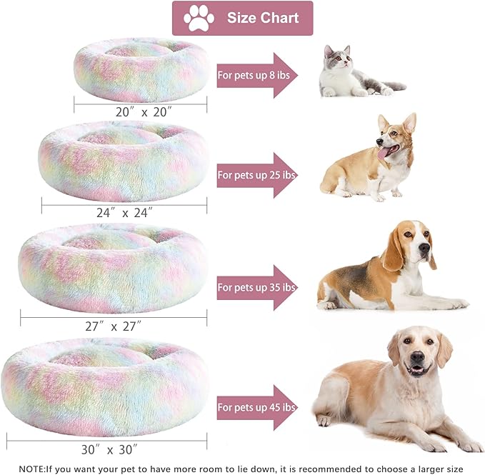 WNPETHOME Calming Dog Bed Cat Bed Donut, Faux Fur Pet Bed Self-Warming Donut Cuddler, Comfortable Round Plush Dog Beds (20 x 20 x 8 Inch, Rainbow)