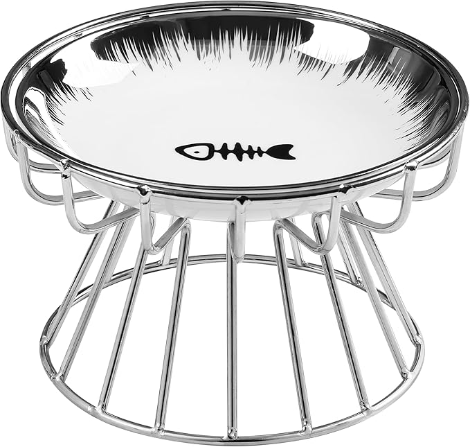Cat Bowls, Elevated Bowl, Raised Ceramic Dish with Metal Stand, Pet Water or Food Feeding Station for Indoor Cats, Kitten,Dishwash Safe