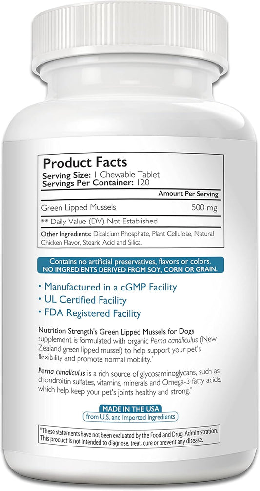 Green Lipped Mussels for Dogs for Joint Support & Inflammatory Relief, Promote Normal Mobility & Flexibility, Boost Prebiotic Activity, Support Gut Microbiome, 120 Chewable Tablets