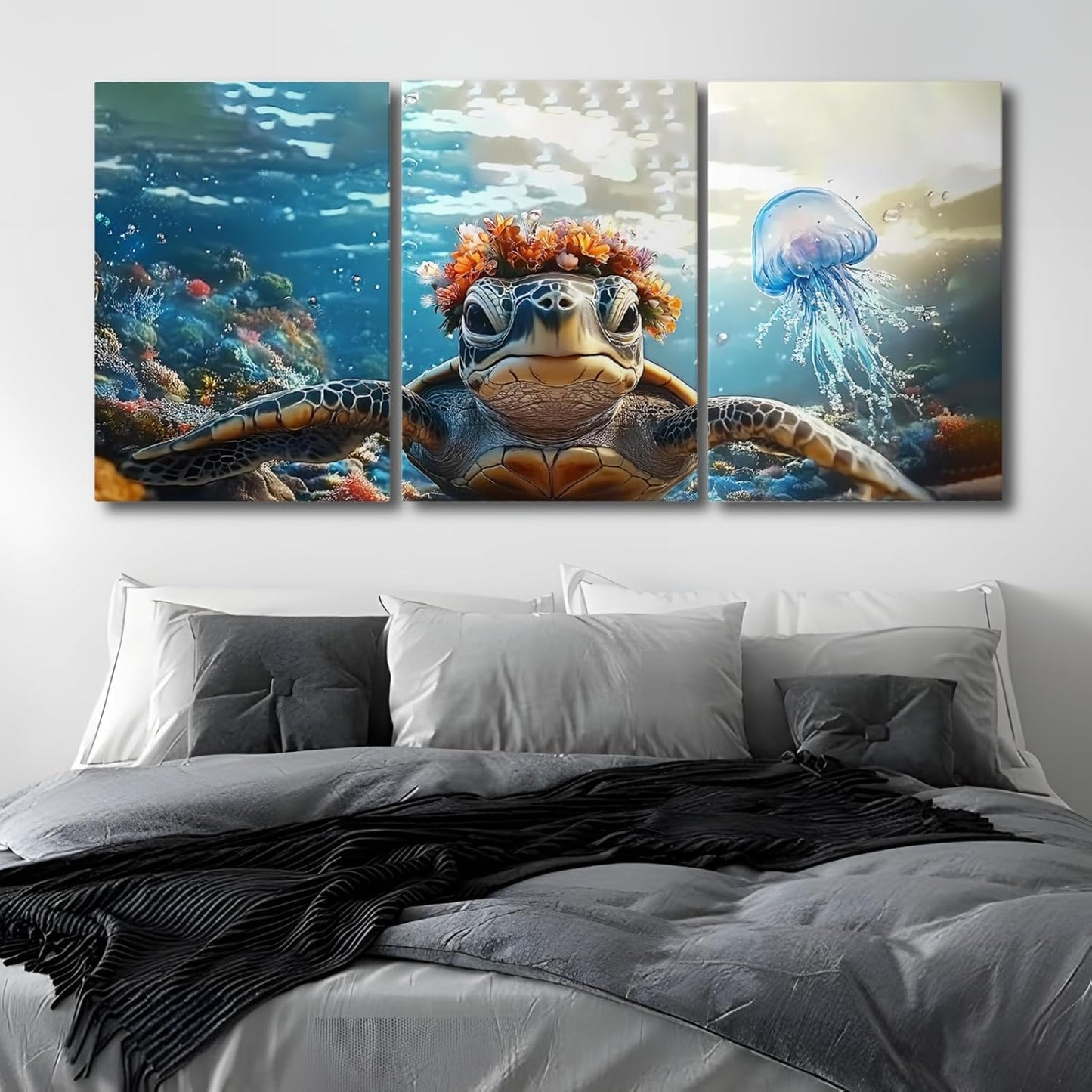 Wivsev Sea Turtle Canvas Wall Art,Under Sea Wall Art,Sea Life Pictures Wall Decor,Ocean Animal Painting for Bathroom,Living Room,Bedroom (12" x 18" x 3 pcs)