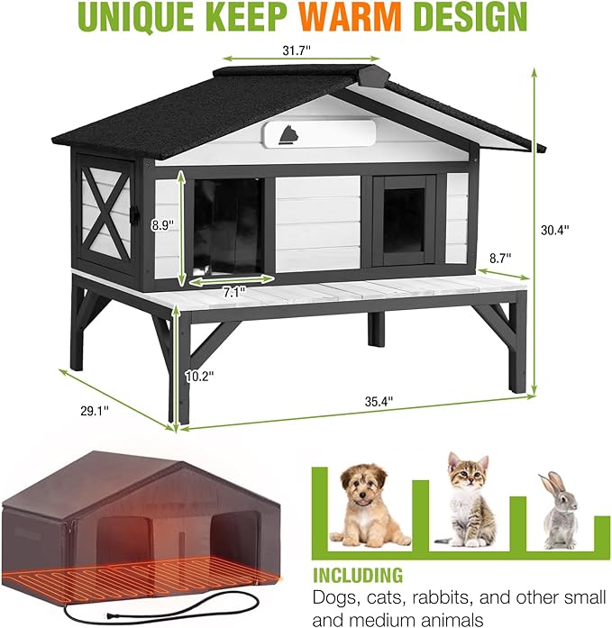Heated Outdoor Cat House with Heating Pad and Insulated Liner in Winter, Feral Cat Shelter with Weatherproof Roof and Elevated Base, Kitten Condo with 3 Escape Doors Outside (Black & White, Medium)