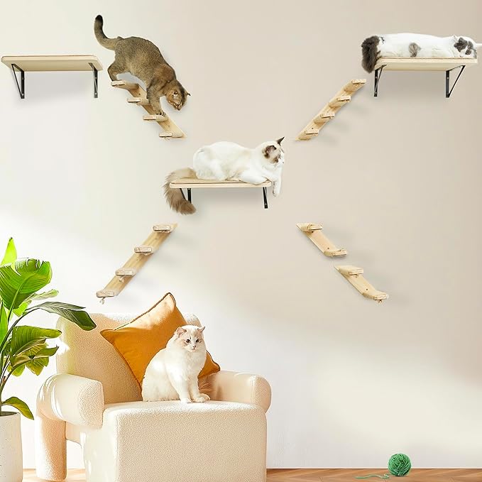 Cat Climbing Shelves Wall Mounted 2PCS Four Steps Reversible Left & Right Direction, Cat Shelf Stairway for Wall with Jute Scratching Ladder Shelves Pet Furniture for Perch Sleeping