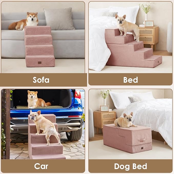 EHEYCIGA Dog Stairs for Bed 20" H, 4-Step Extra Wide Dog Steps for High Bed, Pet Steps for Small Dogs and Cats, Non-Slip Balanced Pet Ramp Indoor, Pink