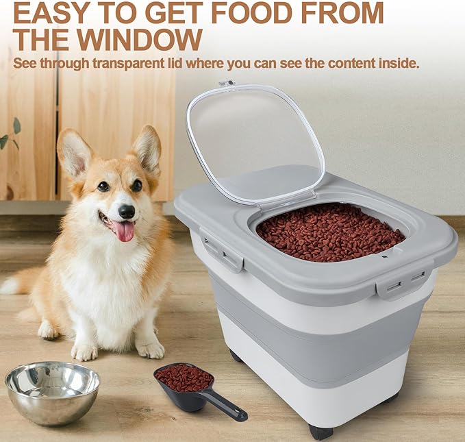 Dog Food Storage Container, 10-20lbs Collapsible Dog Cat Food Containers with Airtight Clear Flip-top，Rolling Wheel and Pet Food Scoop, Pet Food Storage Container Bin for Dog Cat Bird Pets