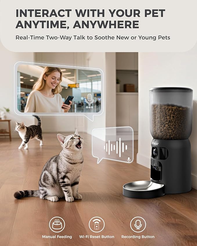 AI Automatic Cat Feeder with Dual Cameras (1 Adjustable), 2K HD Night Vision, 5G/2.4G WiFi, 6L Automatic Pet Feeder with APP Control, Laser Interactive Toy, Two-Way Audio & Scheduled Feeding