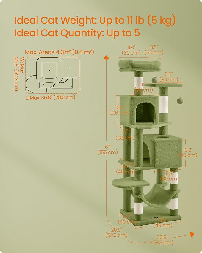 Feandrea Cat Tree, 61-Inch Cat Tower for Indoor Cats, Plush Multi-Level Cat Condo with 5 Scratching Posts, 2 Perches, 2 Caves, Hammock, 2 Pompoms, Grass Green UPCT192C02