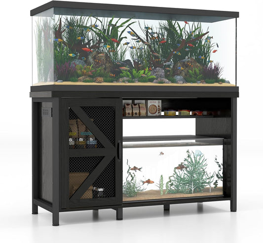 Verano 55-75 Gallon Aquarium Stand with Storage Cabinet, Fish Tank Stand with Power Outlets & LED Light, Wooden Turtle Tank 52 inch x 19.7-inch Desktop, Heavy Duty Steel Frame,1100LBS Capacity (Black)