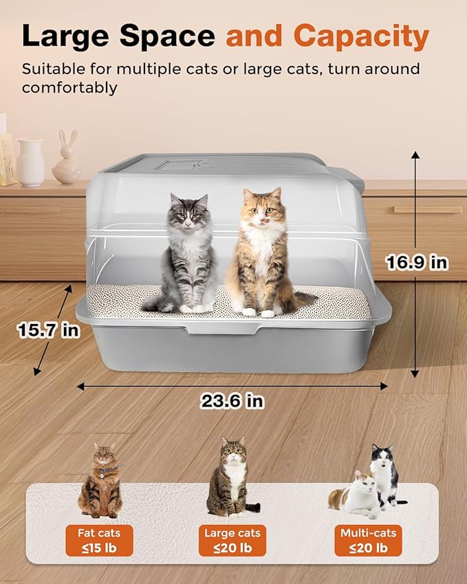Stainless Steel Litter Box with Lid - Extra Large Cat Litter Boxes for Big Cats with Mat & Scoop - Anti-Leakage, Odor-Proof, High-Sided, Non-Stick＆ Easy to Clean - Ideal for Multi-Cat Homes - Gray