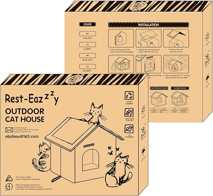 Rest-Eazzzy Cat House for Outdoor Cats, Weatherproof and Insulated Feral Cat House with Mat and Clip, Easy to Put Together, Selfwarming Cat Shelter for Winter(Grey, Waterproof House-S)