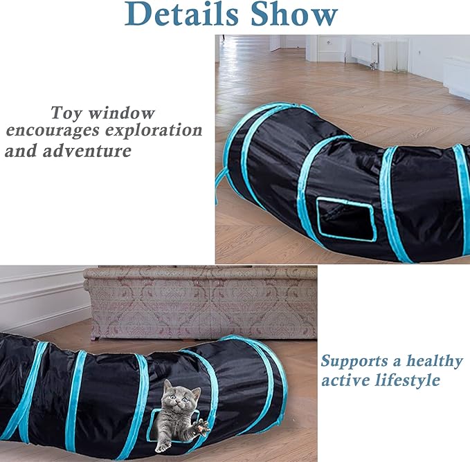 Cat Tunnel Tube, Long Collapsible Tunnels Indoor with Peek Hole, 2pack S-Shaped & 3Way Tubes Maze Play Toy Black for Cat Kitten Kitty Rabbit