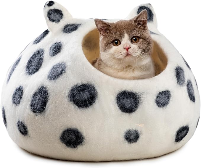 Wool Cat Cave Bed - Extra Warm, Handcrafted, Eco-Friendly Felt Cat Cave for Indoor Cats and Kittens (White Polka) by Woolygon