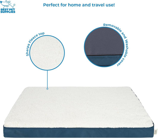 Best Pet Supplies Cute Dog Crate Mat Flat Bed with Waterproof Exterior, Thick Orthopedic Egg Foam Mattress, and Soft Sherpa Fleece Cover for Small, Medium, and Large Breeds - Blue, 41X29X4