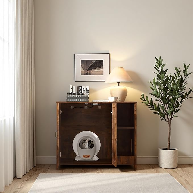 Cat Litter Robot Enclosure with Litter Collector,Cat Litter Cabinet with Dog Proof Adjustable Shelf,for Placing Litter Robot 3/4,Power Outlet (Rustic Brown)