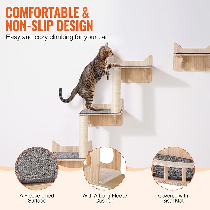 VEVOR Wall Mounted Cat Shelves, Wall Shelves and Perches with Jumping Boards, Nest, Barrier Board & Cat Tree, Cat Floating Furniture up to 40 lbs for Sleeping, Playing, Climbing, Set of 5