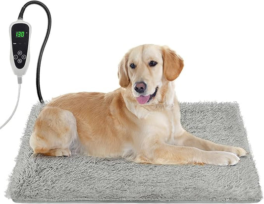 Dog Heating Pad, 32×20 in Heated Dog House, Upgraded Always-On Smart Thermostat Metal Protective Tube with a Plush Fabric Cover Puppy Whelping Supplies- Grey