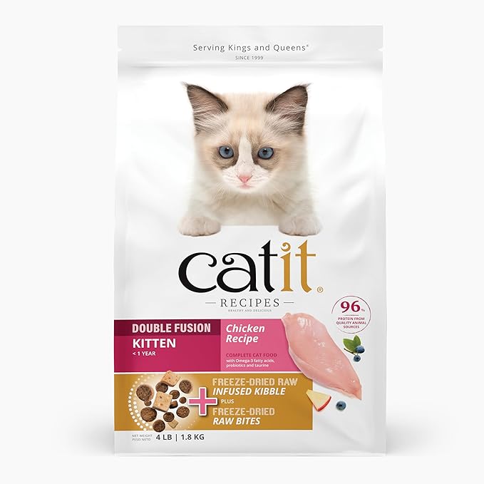 Catit Recipes Double Fusion Kitten Food – Chicken Recipe, 96% Animal Protein, Freeze-Dried Raw Toppings, No by-Products, High-Nutrient Wet & Dry Blend for Healthy Growth, 4 lb