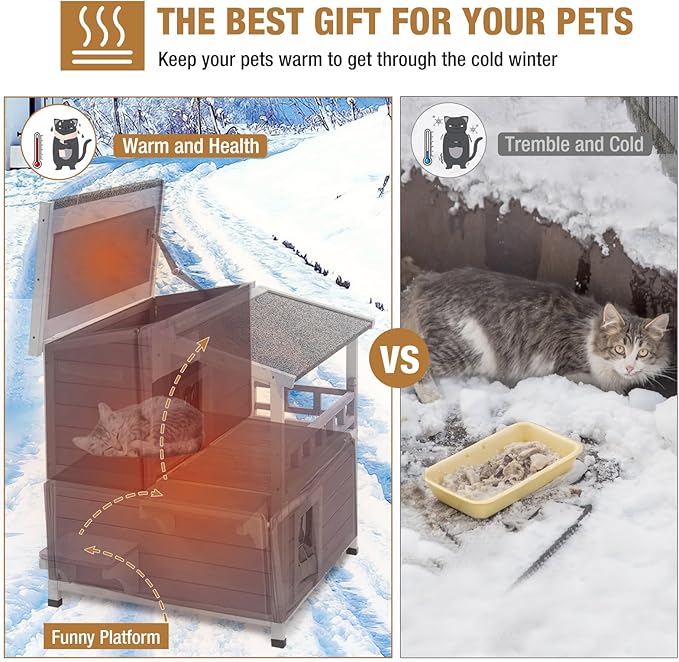 GUTINNEEN Outdoor Cat House Insulated, Weatherproof Feral Cat Shelter for Winter, Heated Cat Condo