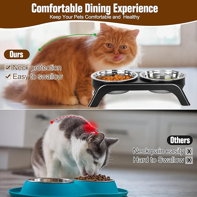 Elevated Cat Bowls, Anti Vomiting Raised Cat Food Bowl with 2 Stainless Steel Bowls, Prevent Neck Pain Cat Bowl Set, ABS Anti Slip Stand Cat Bowls for Indoor Cats & Puppies (Grey)