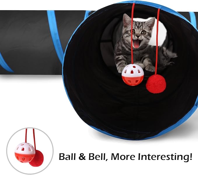 PAWABOO Cat Tunnel, Premium 4 Way Tunnels Extensible Collapsible Cat Play Tunnel Toy Maze Interactive Tube Toy Cat House with Pompon and Bells for Cat Puppy Kitten Rabbit, Black & Light Blue