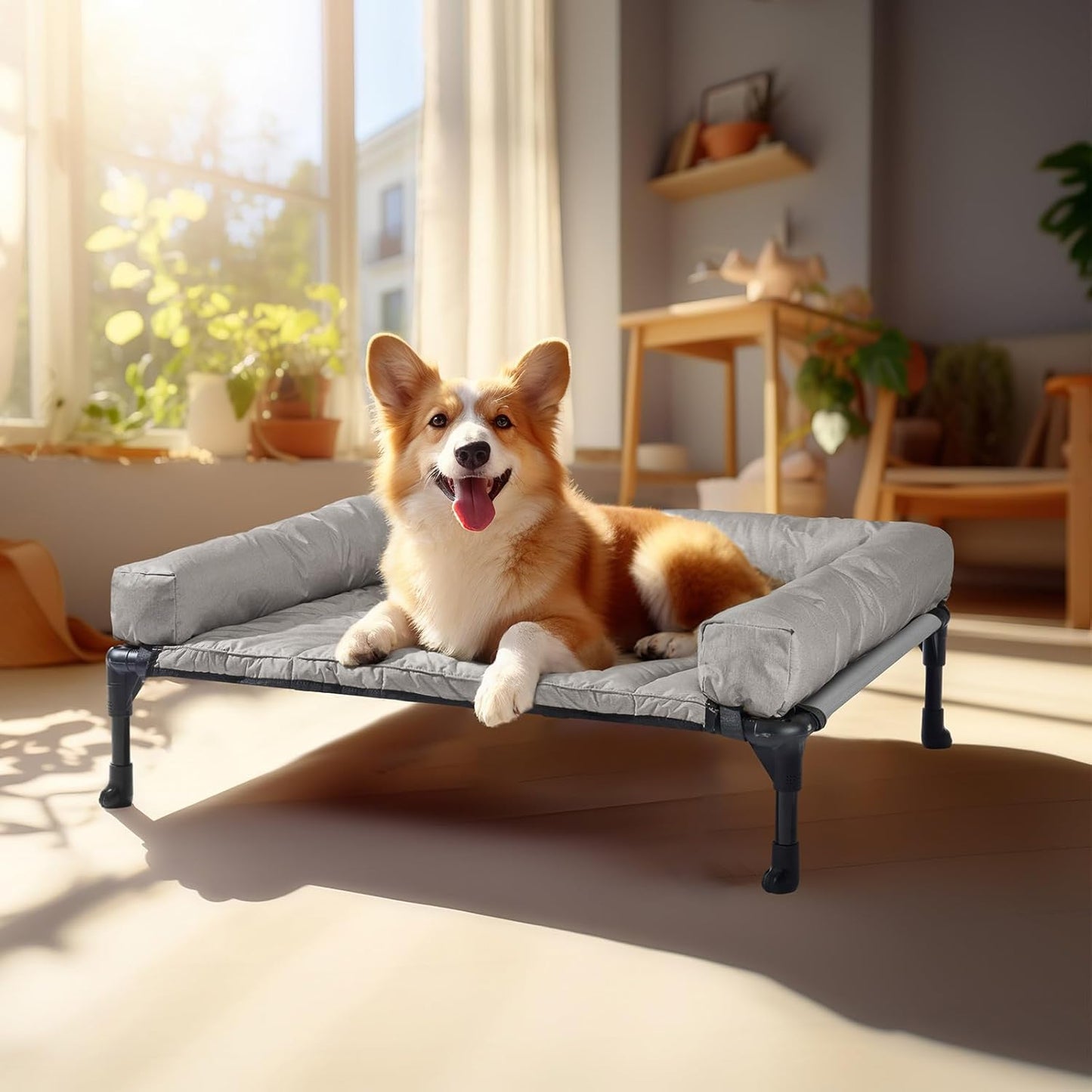 Veehoo Cooling Elevated Dog Bed Add Removable Waterproof Bolster Cushion Mat, Raised Pet Cot with Breathable Teslin Mesh, No-Slip Feet, Dog Couch Bed for Indoor Outdoor, 32x25inches, Grey, CWC2331B
