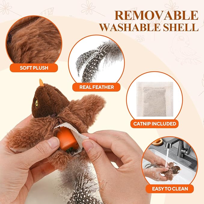 Small Flappy Bird Cat Toy, Interactive Flapping Wings（No Flying） and Chirping Bird Cat Toy, Simulated Sparrow Catnip Toy for Indoor Cats and Kittens, Rechargeable, 5.51×4.72×1.97 Inches