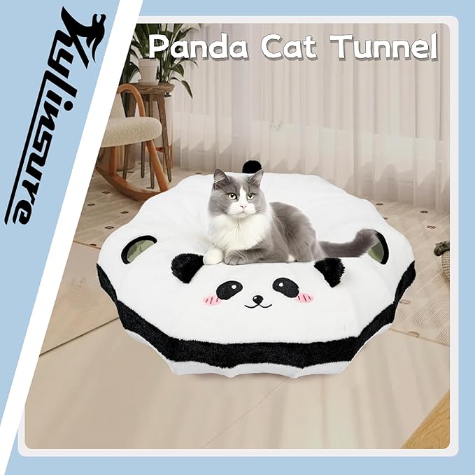 Cat Tunnel Bed for Indoor Cats - Cute Cat Donut with Washable Circle Cushion, Round Pet Play Tunnel Toy,Peekaboo for Kitten, Puppy, Rabbit, Ferret(Panda)