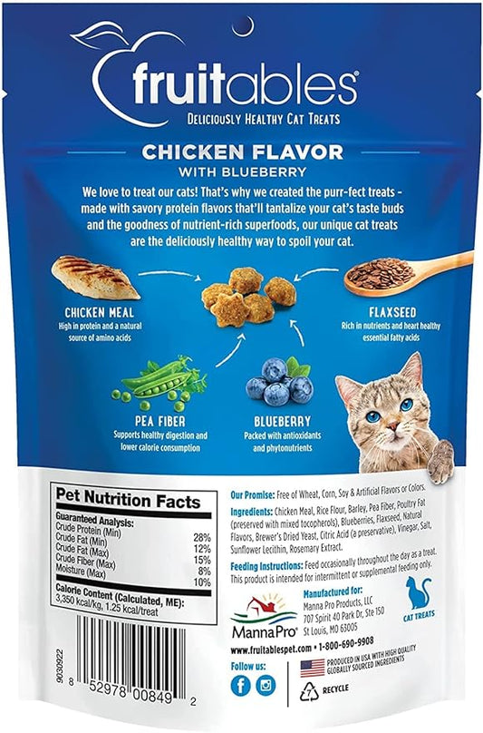 Fruitables Crunchy Low Calorie Treats Packed with Protein For Cats Healthy Free of Wheat, Corn and Soy – Made with Real Chicken with Blueberry – 2.5 Ounces