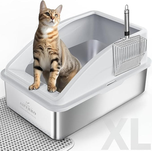 Stainless Steel Litter Box | XL Enclosed Cat Litter Boxs with Lid for Big Cats | High Sided, Anti-Urine Leakage | Non-Stick Bottom & Includes Litter Mat & Metal Scoop