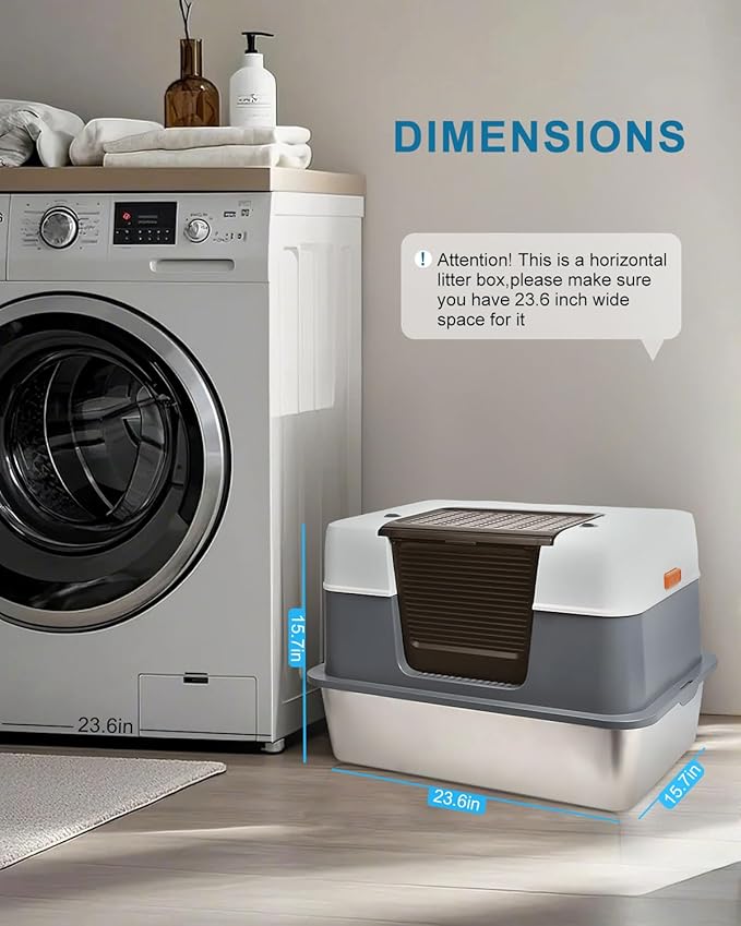 Stainless Steel Cat Litter Box Enclosed with Lid，Covered Metal Kitty Litter Box with Litter Mat and Odor Reduction Pack(2kg), Metal Scoop，Switchable Design, Easy Clean，Odor-Control, Leak-Proof