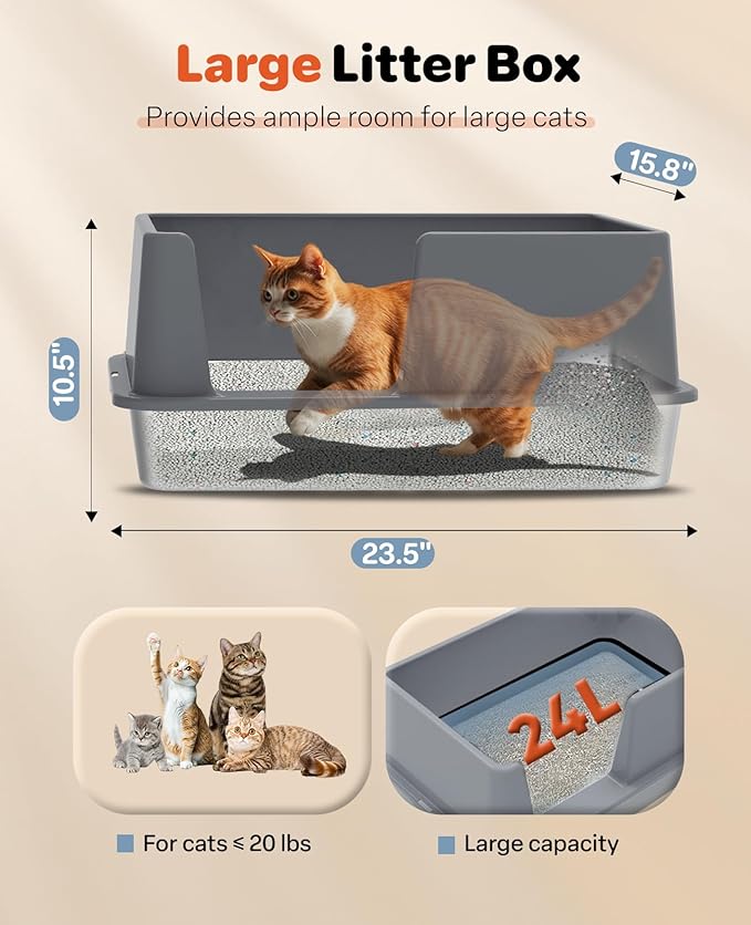 Stainless Steel Litter Box with Lid, 23.5" L x 15.8" W x 10.5" H, Large Metal Cat Box for Big Cats, High Sided Kitty Litter Box with Scoop & Pee Pads, Non-Sticky, Anti-Leakage, Easy to Clean (Gray)